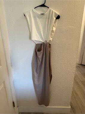 Vici White and Taupe Maxi Dress with Front Ring
